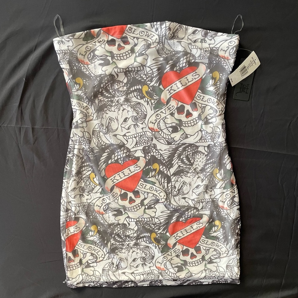 New Ed Hardy Y2K LKS Power Mesh Skull Tube Dress Size Large